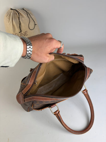Vintage Celine Macadam Canvas Boston Bag Brown Gold