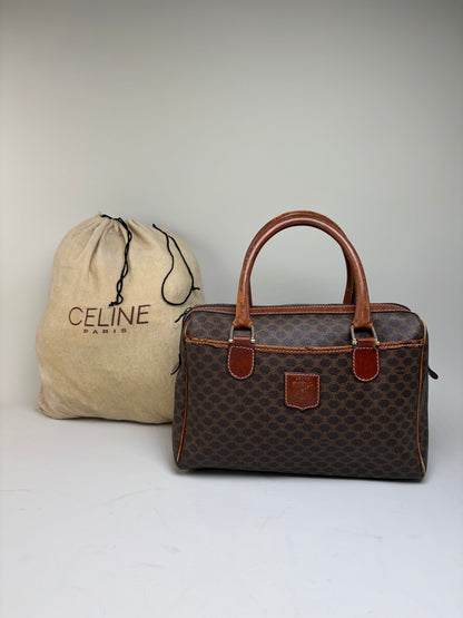 Vintage Celine Macadam Canvas Boston Bag Brown Gold