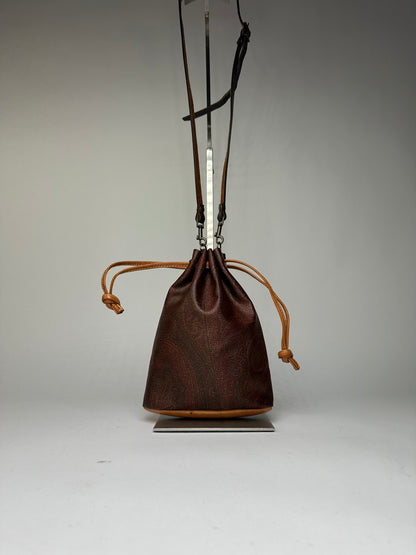 Vintage Etro Paisley Canvas Drawstring Bucket Bag c. 2000 Dark Brown