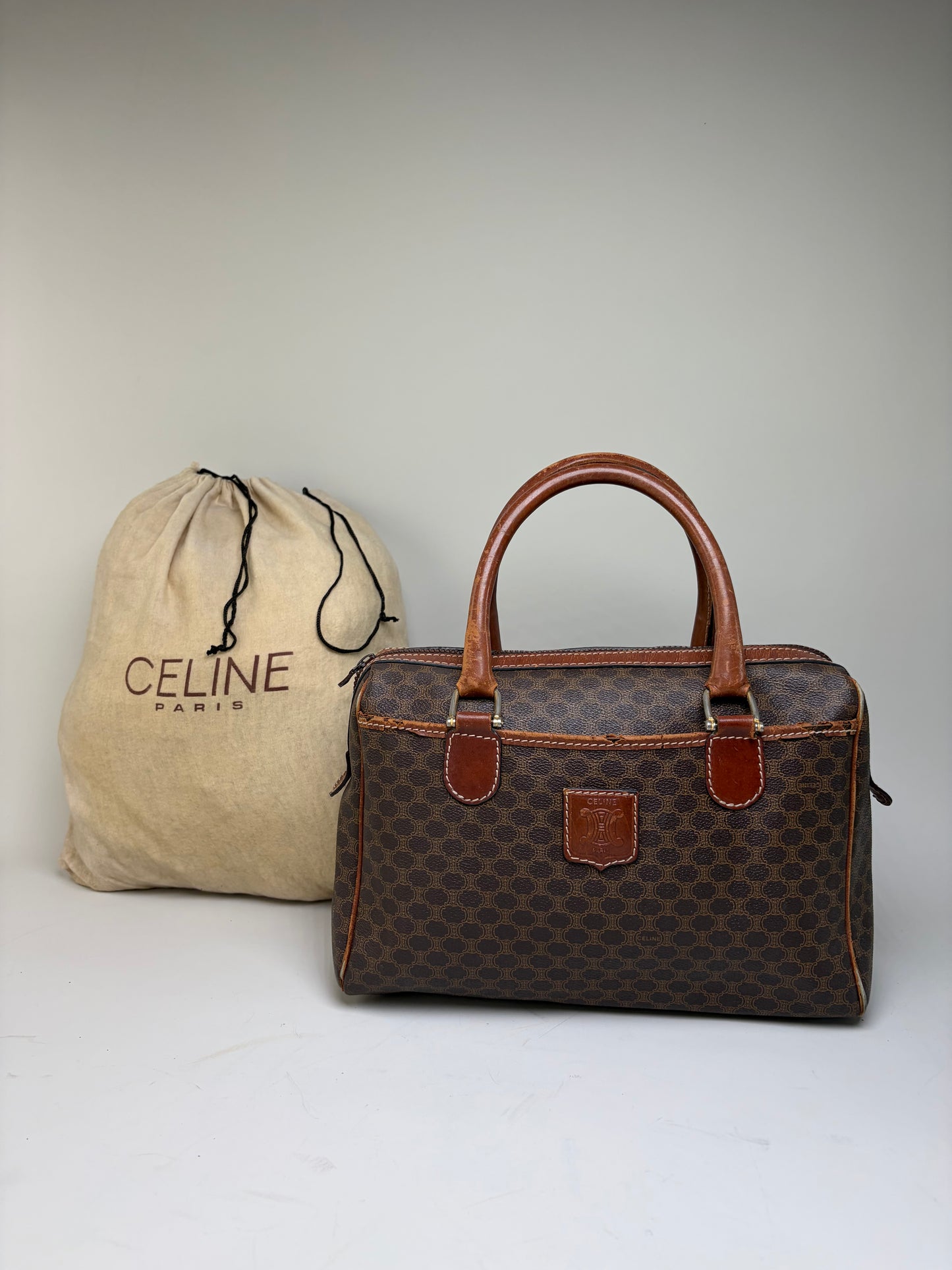 Vintage Celine Macadam Canvas Boston Bag Brown Gold