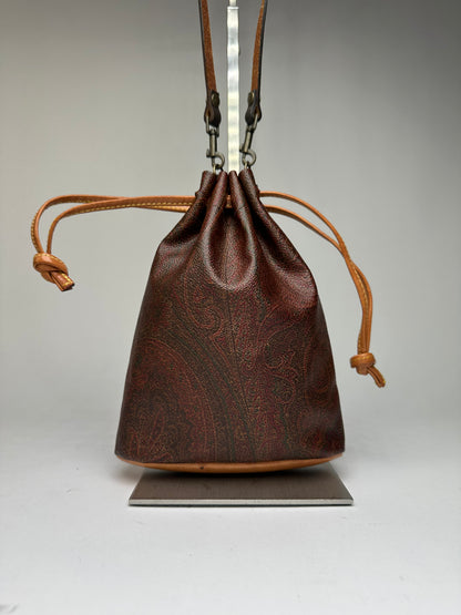 Vintage Etro Paisley Canvas Drawstring Bucket Bag c. 2000 Dark Brown