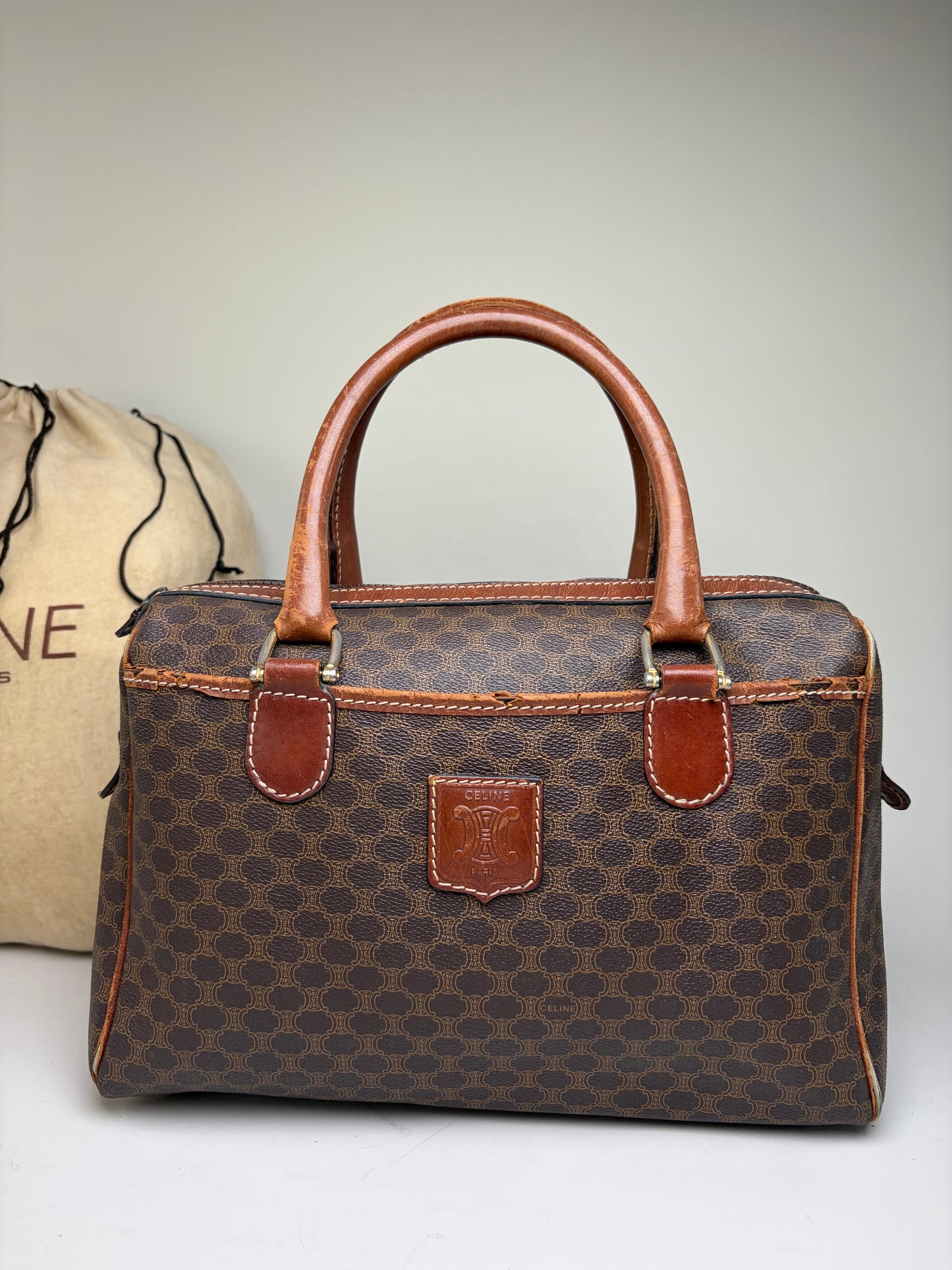 Vintage Celine Macadam Canvas Boston Bag Brown Gold
