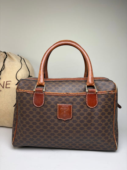 Vintage Celine Macadam Canvas Boston Bag Brown Gold