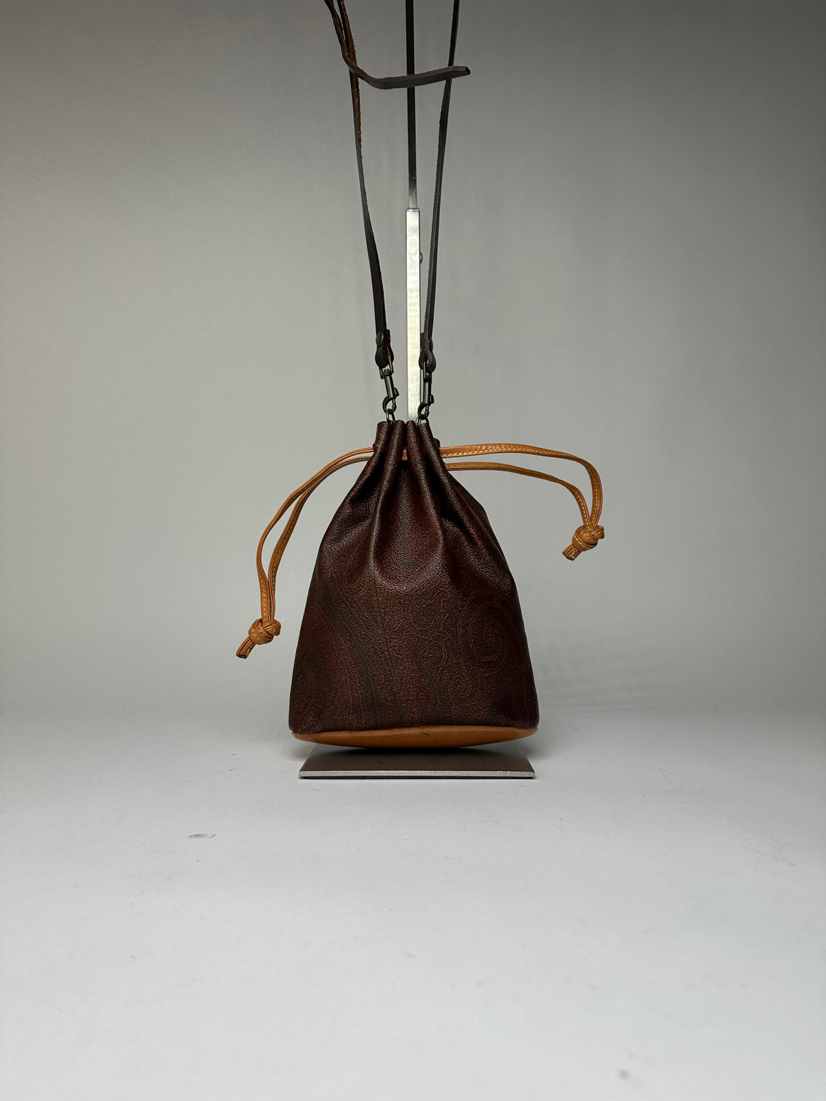 Vintage Etro Paisley Canvas Drawstring Bucket Bag c. 2000 Dark Brown