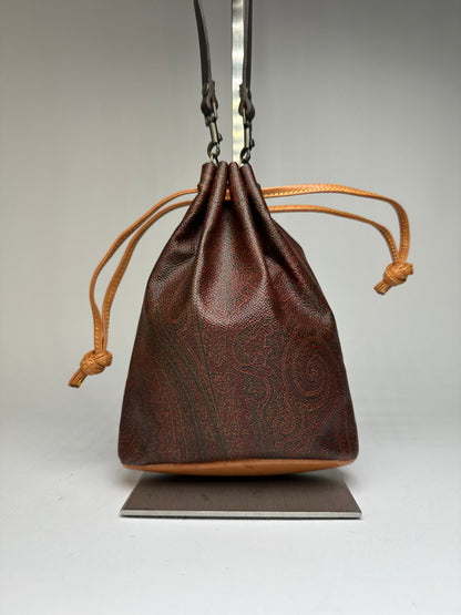 Vintage Etro Paisley Canvas Drawstring Bucket Bag c. 2000 Dark Brown