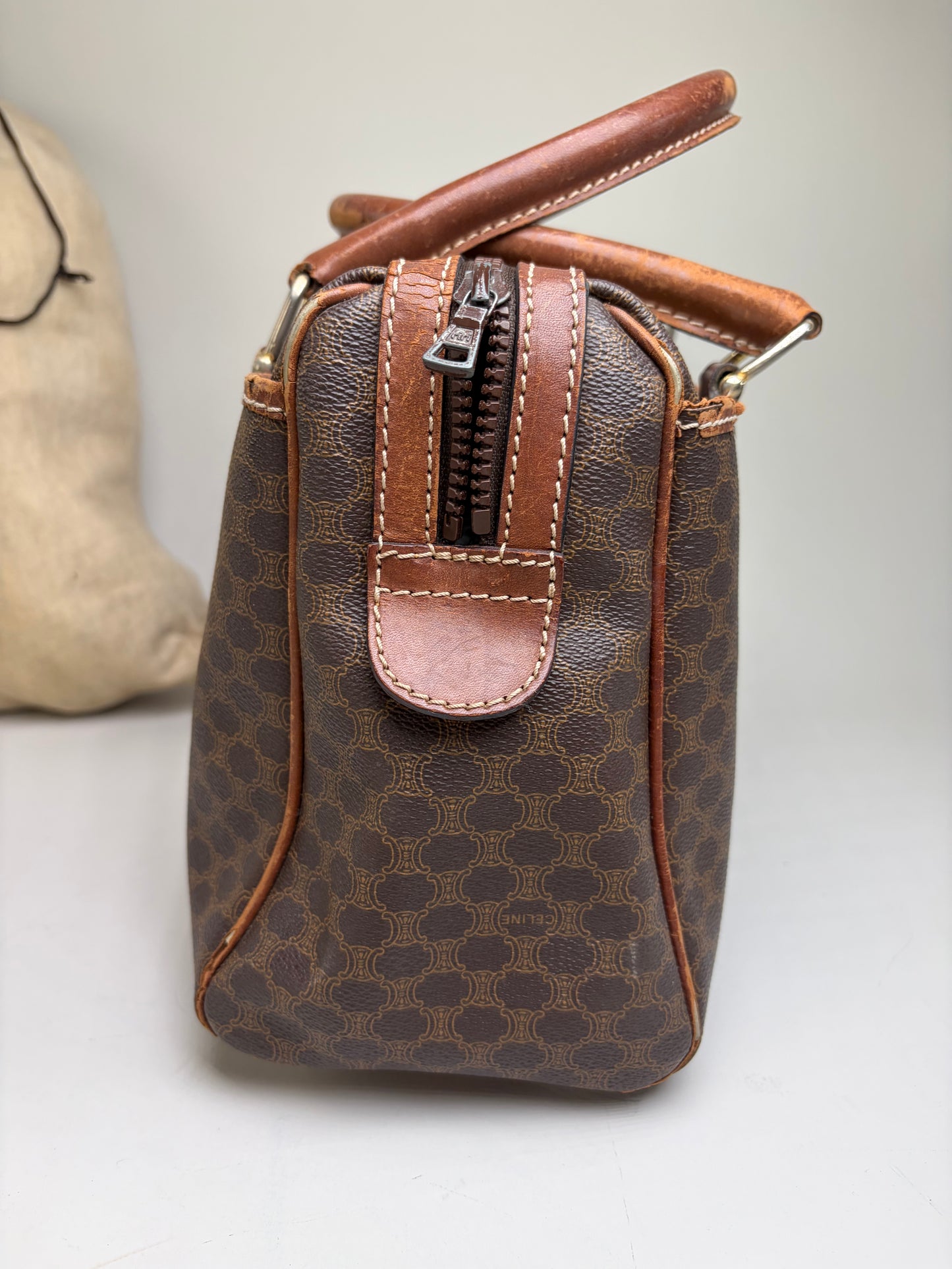 Vintage Celine Macadam Canvas Boston Bag Brown Gold