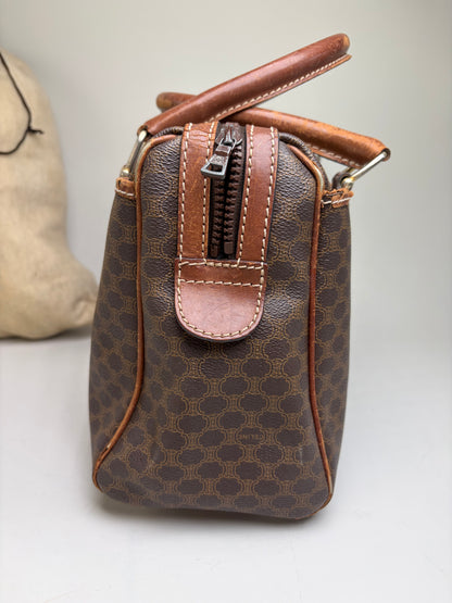 Vintage Celine Macadam Canvas Boston Bag Brown Gold