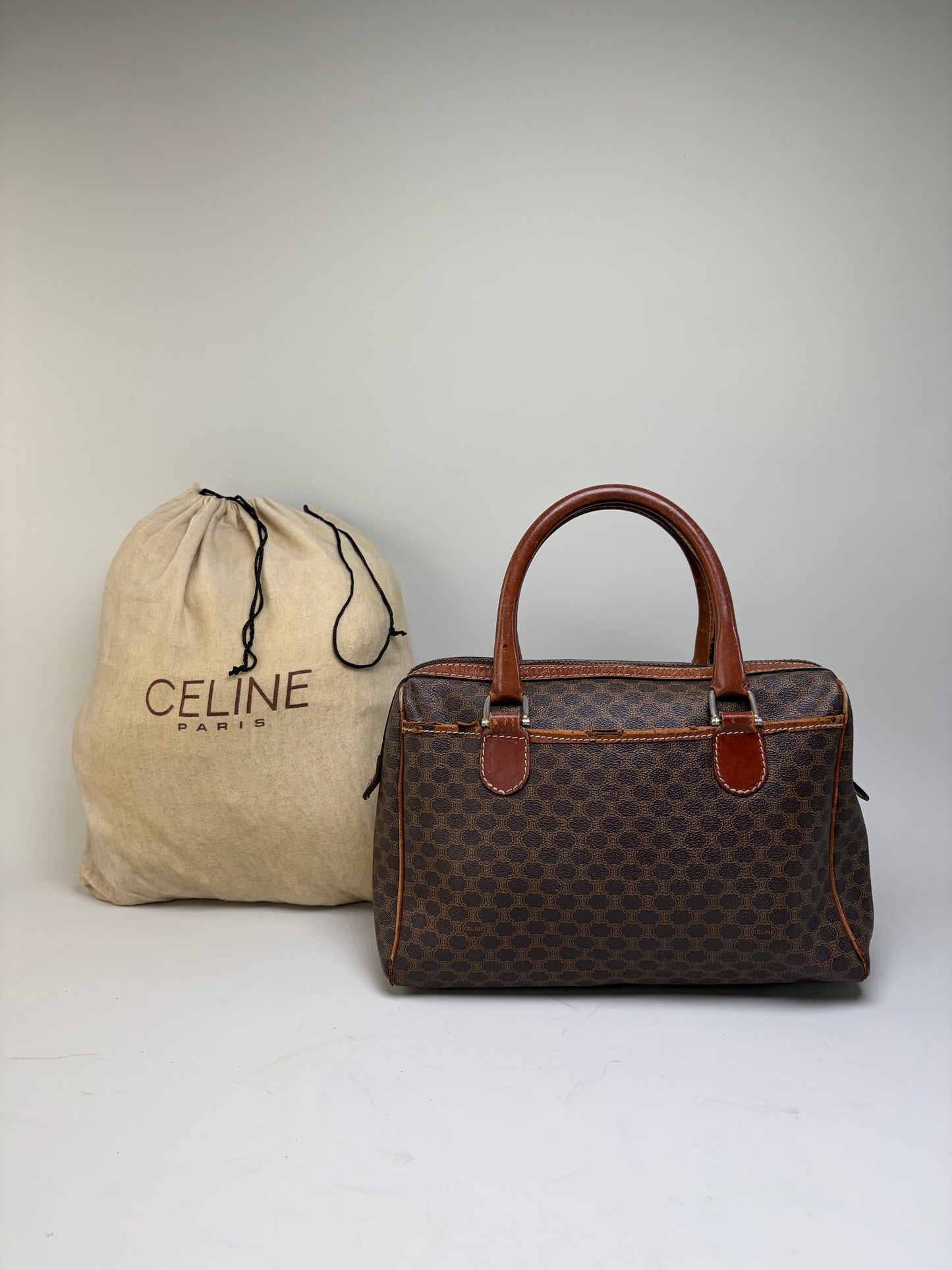 Vintage Celine Macadam Canvas Boston Bag Brown Gold