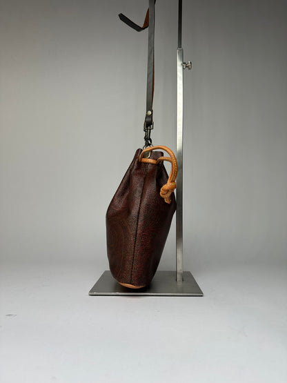Vintage Etro Paisley Canvas Drawstring Bucket Bag c. 2000 Dark Brown