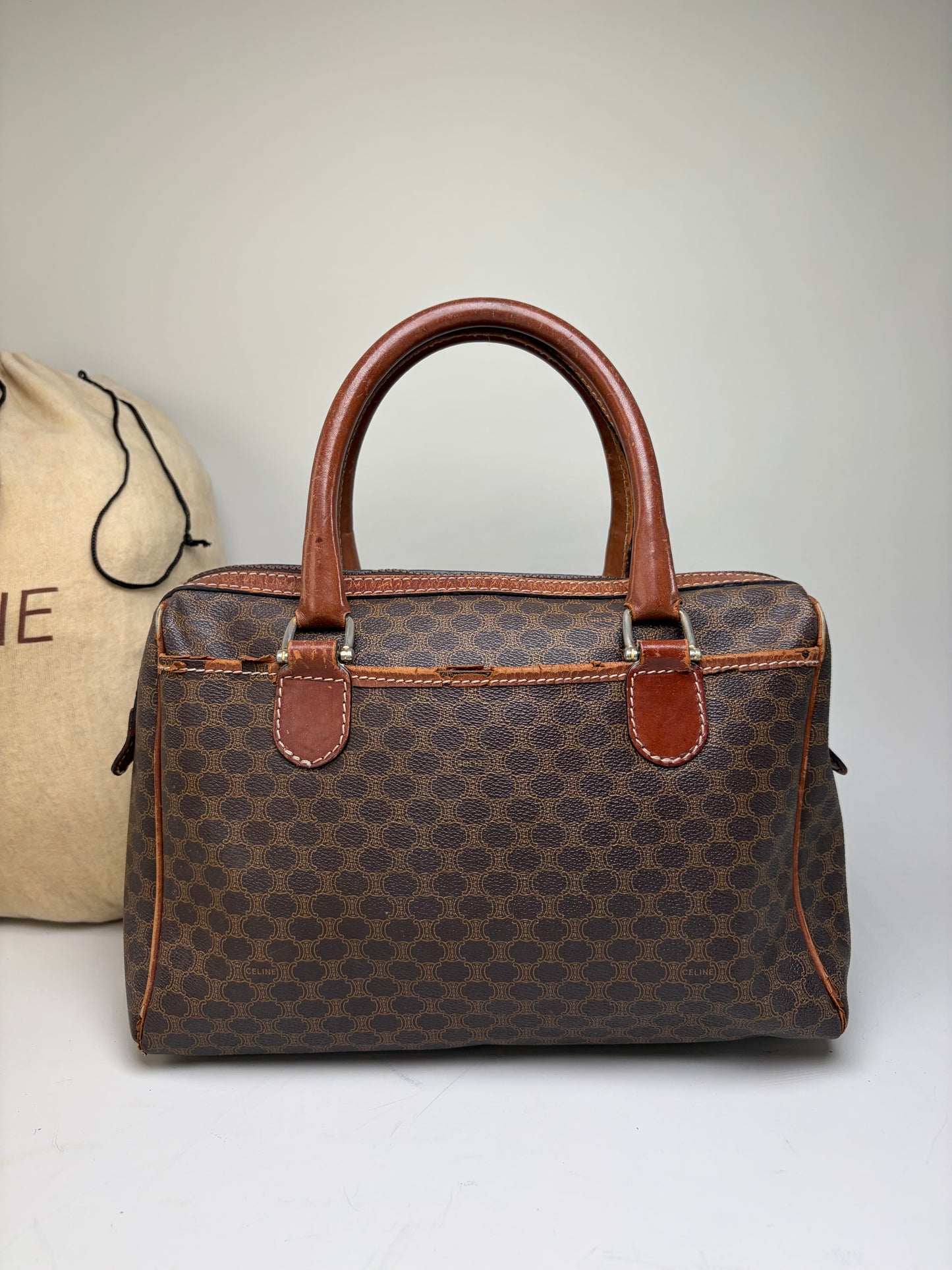 Vintage Celine Macadam Canvas Boston Bag Brown Gold