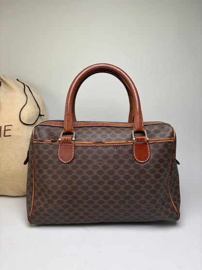 Vintage Celine Macadam Canvas Boston Bag Brown Gold
