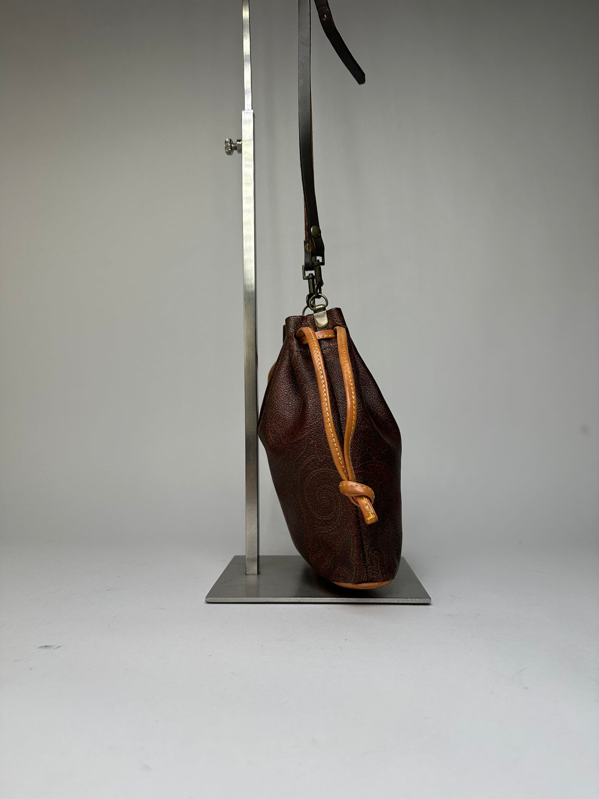 Vintage Etro Paisley Canvas Drawstring Bucket Bag c. 2000 Dark Brown