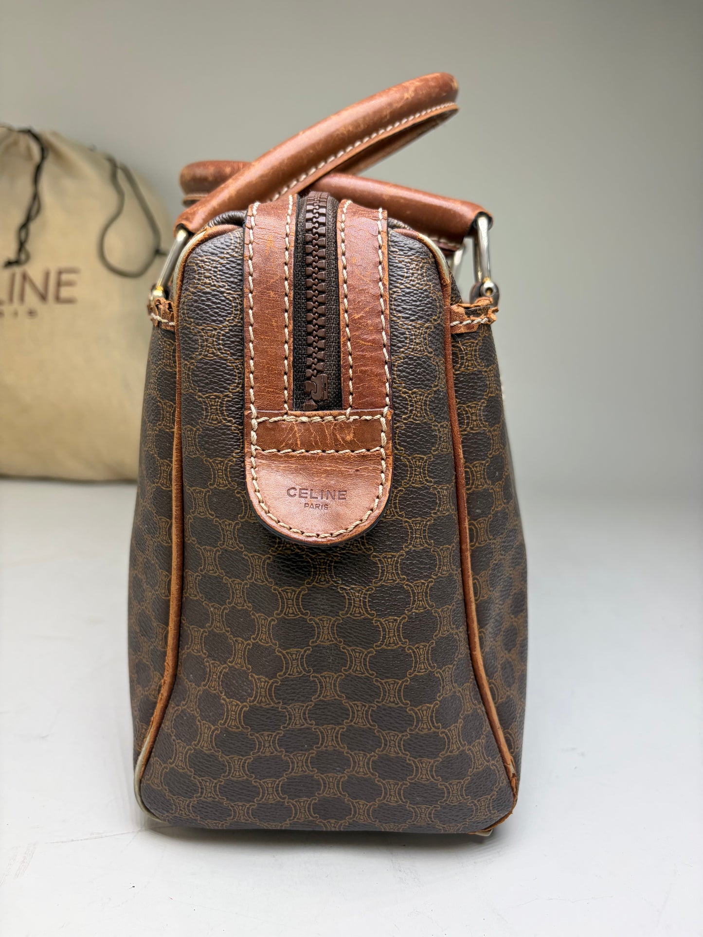 Vintage Celine Macadam Canvas Boston Bag Brown Gold