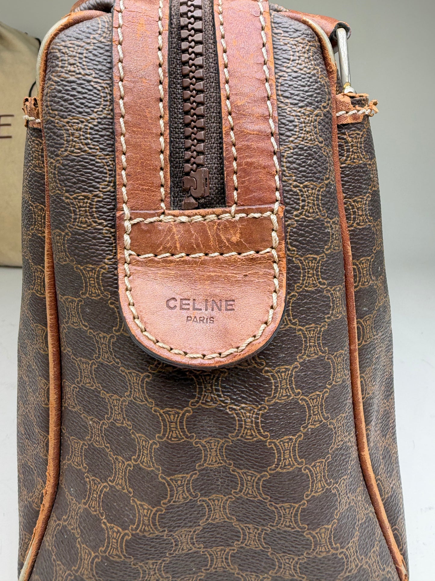 Vintage Celine Macadam Canvas Boston Bag Brown Gold