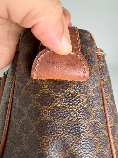 Vintage Celine Macadam Canvas Boston Bag Brown Gold