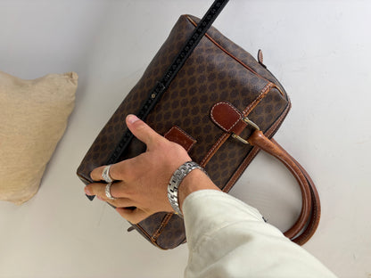 Vintage Celine Macadam Canvas Boston Bag Brown Gold