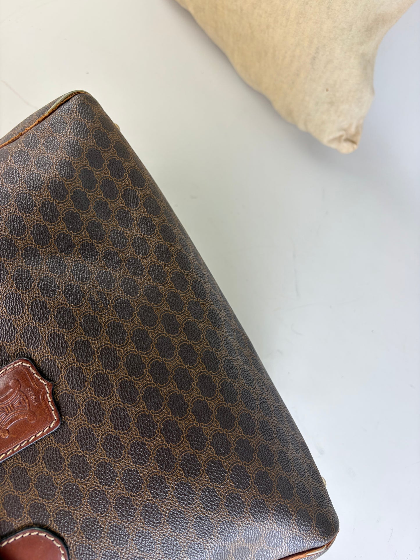 Vintage Celine Macadam Canvas Boston Bag Brown Gold