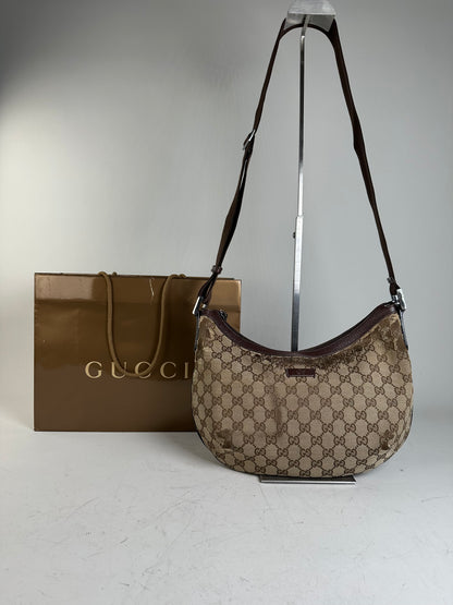 Vintage Gucci GG Supreme Shoulder Bag Silver Hardware Beige Brown