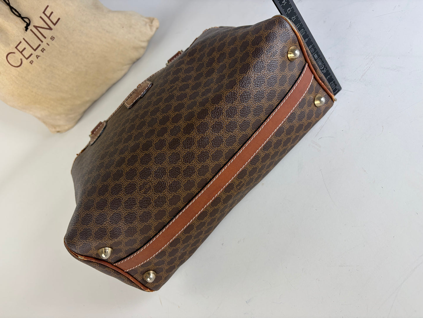 Vintage Celine Macadam Canvas Boston Bag Brown Gold