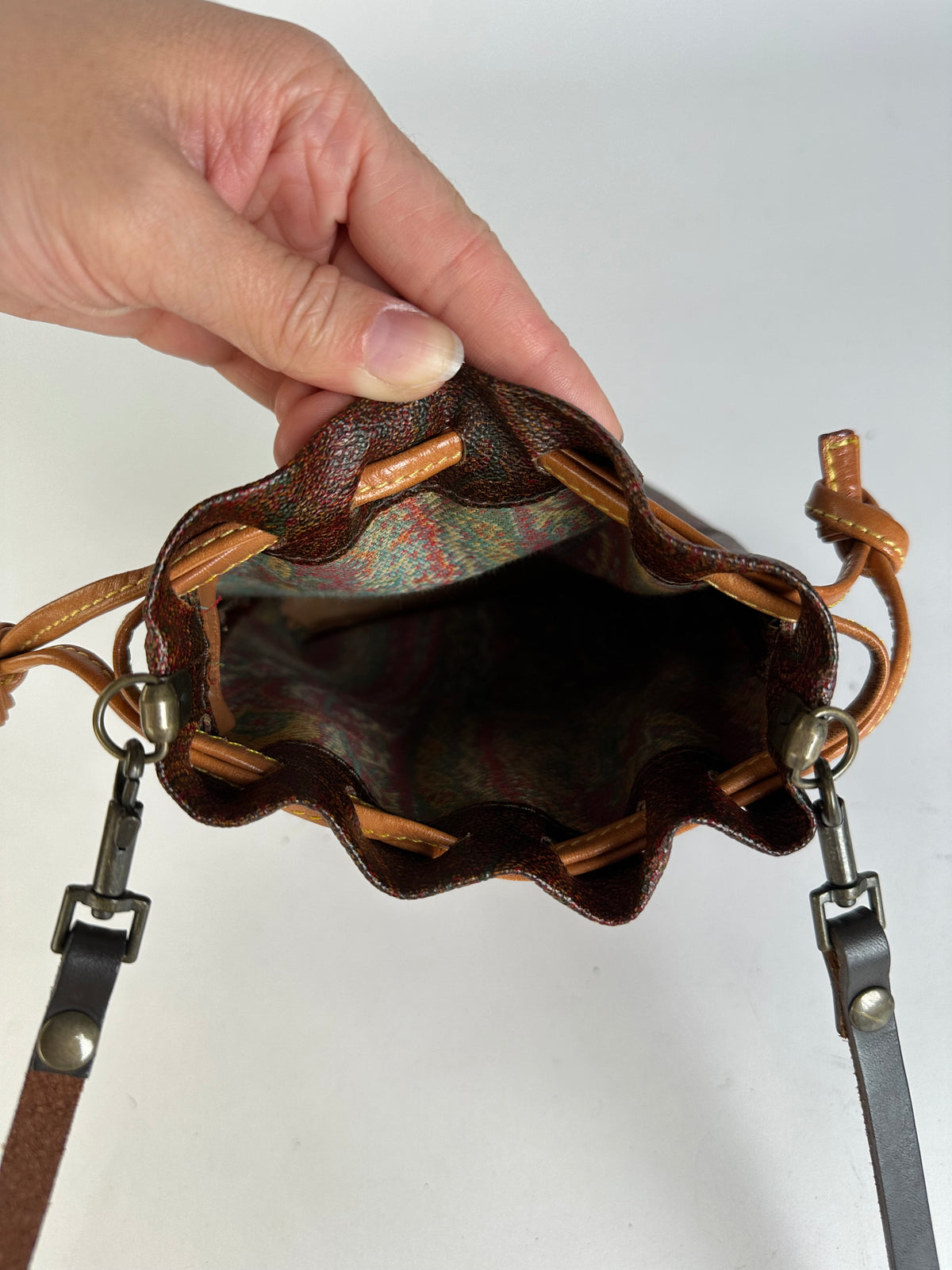 Vintage Etro Paisley Canvas Drawstring Bucket Bag c. 2000 Dark Brown