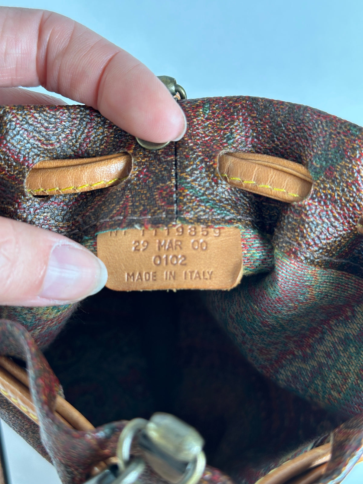Vintage Etro Paisley Canvas Drawstring Bucket Bag c. 2000 Dark Brown
