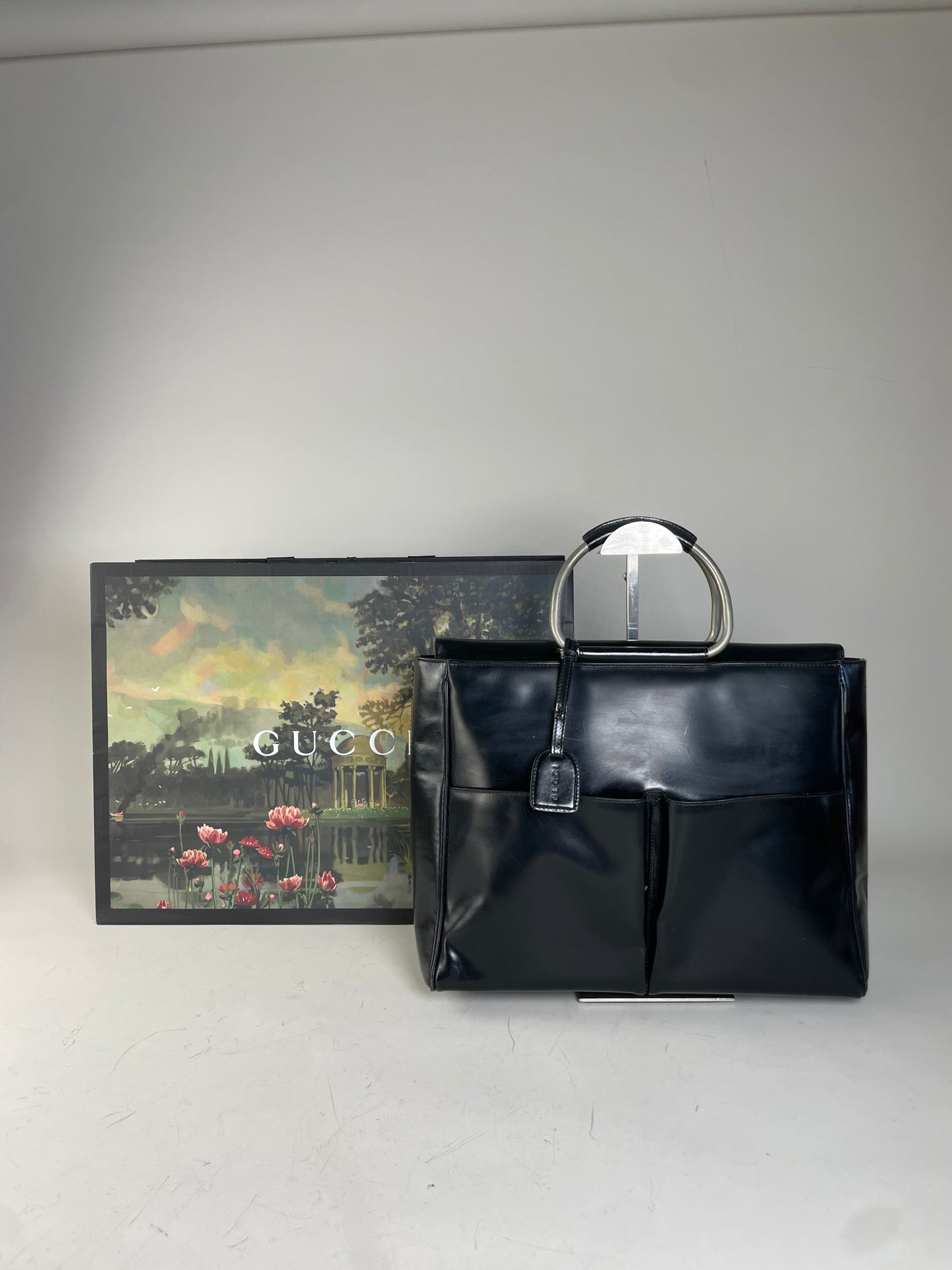 Vintage Gucci Leather Tote Bag Black Silver Handles