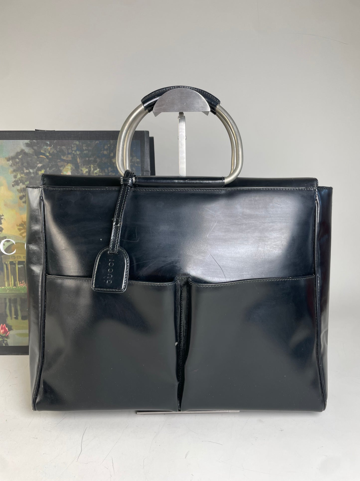 Vintage Gucci Leather Tote Bag Black Silver Handles