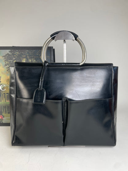 Vintage Gucci Leather Tote Bag Black Silver Handles