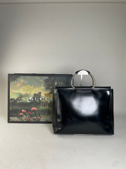 Vintage Gucci Leather Tote Bag Black Silver Handles