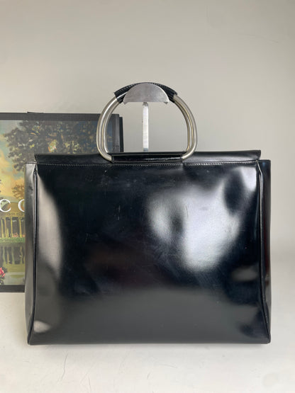 Vintage Gucci Leather Tote Bag Black Silver Handles
