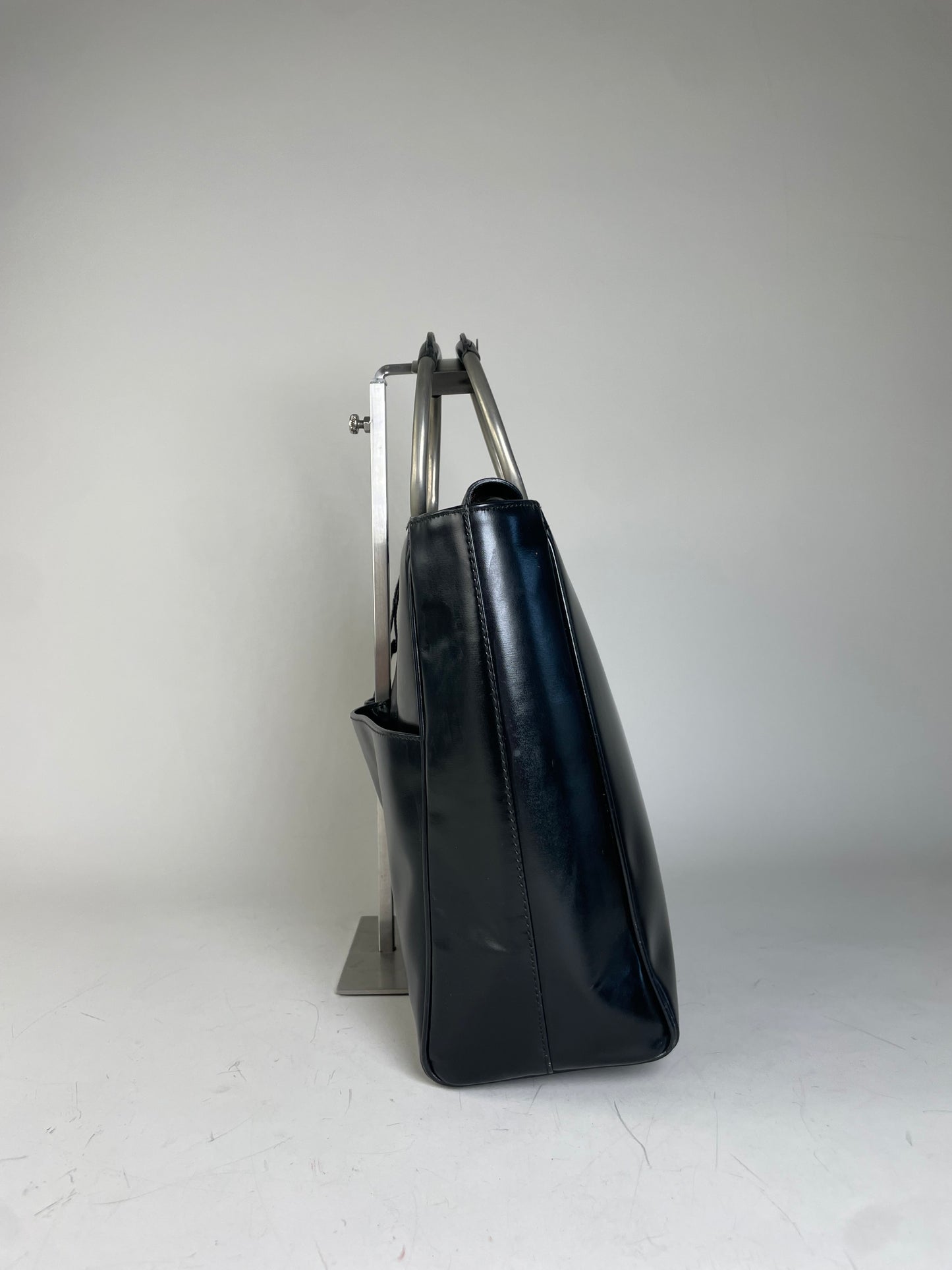 Vintage Gucci Leather Tote Bag Black Silver Handles