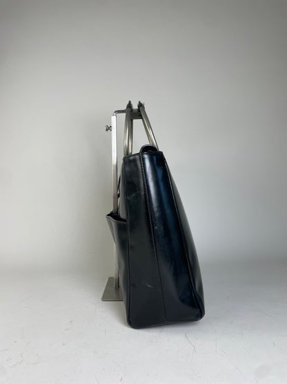 Vintage Gucci Leather Tote Bag Black Silver Handles