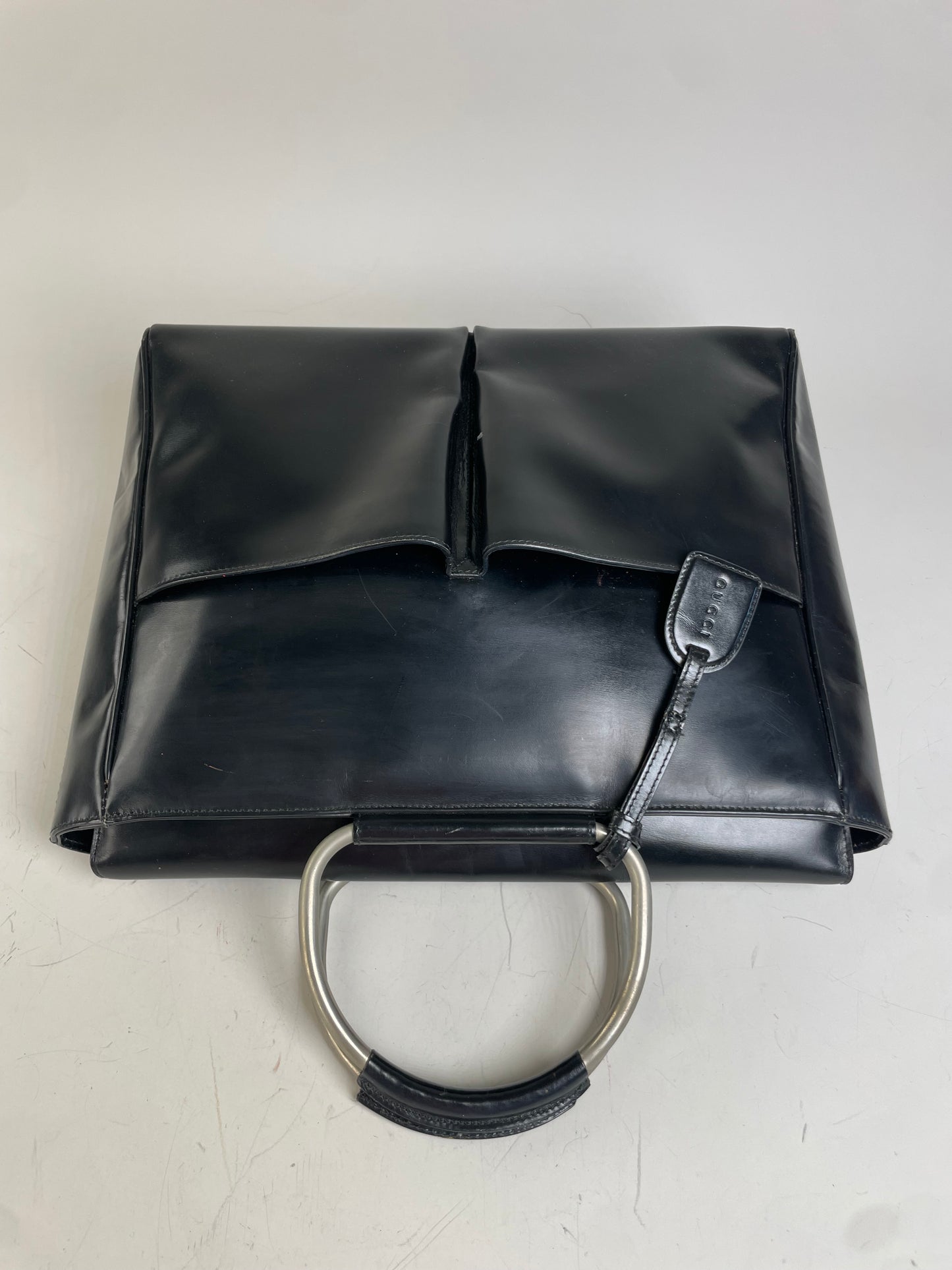 Vintage Gucci Leather Tote Bag Black Silver Handles