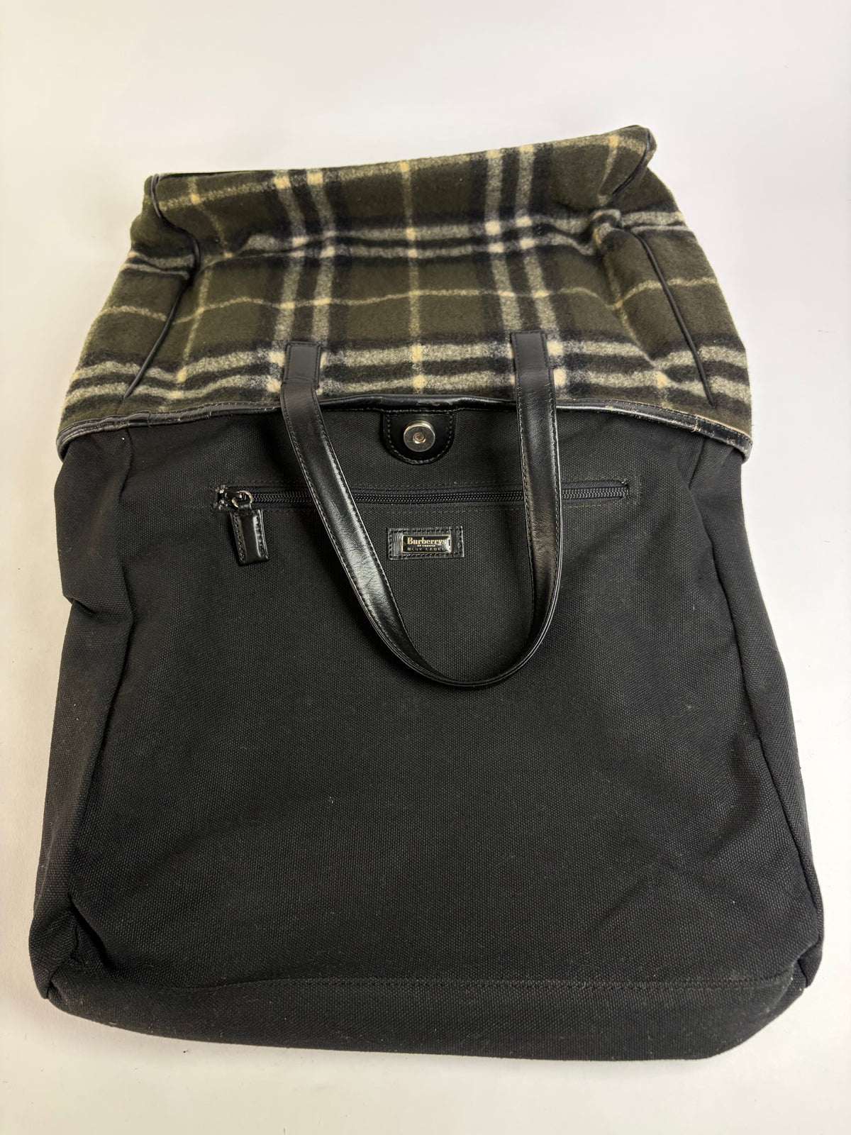 Vintage Burberry Plaid Wool Tote Dark Green Black Cream