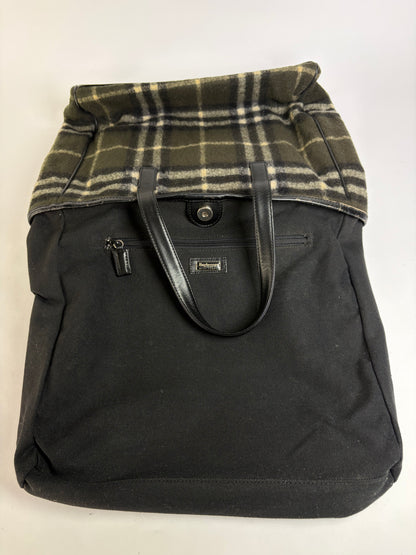 Vintage Burberry Plaid Wool Tote Dark Green Black Cream