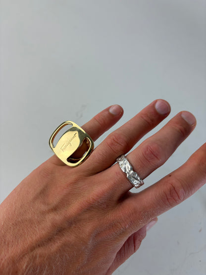 Vintage Ferragamo Logo Engraved Ring Gold Metal