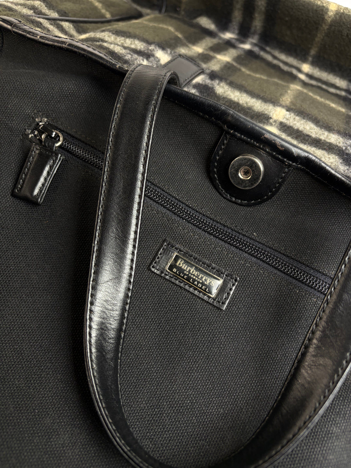 Vintage Burberry Plaid Wool Tote Dark Green Black Cream