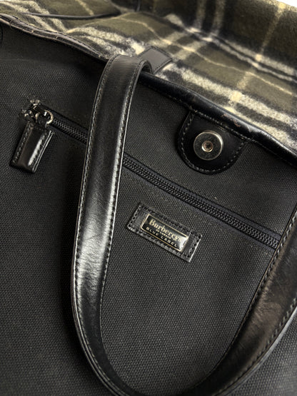Vintage Burberry Plaid Wool Tote Dark Green Black Cream