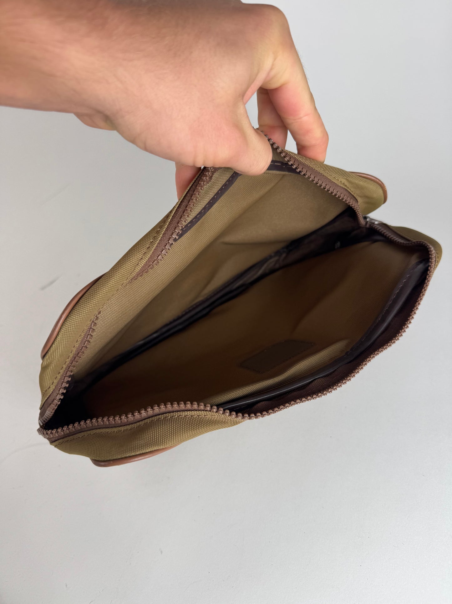 Vintage Courreges Polyester Leather Clutch Khaki Brown