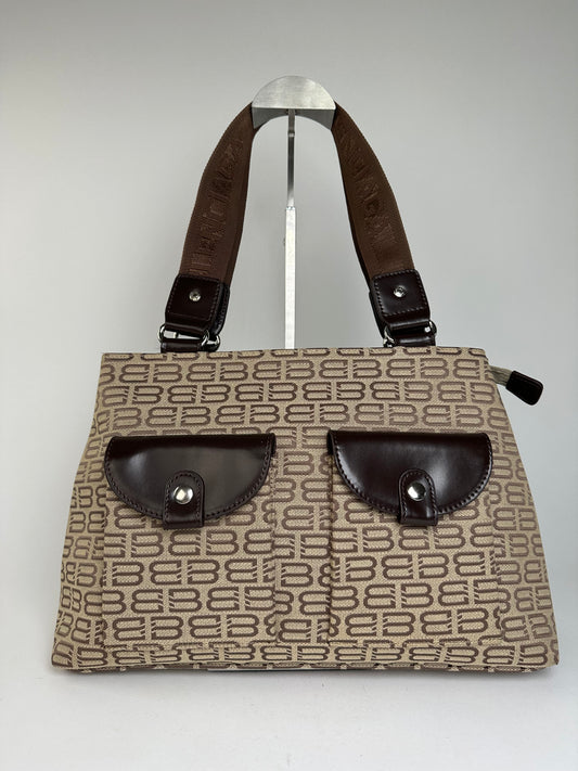 Balenciaga Beige Canvas Leather Monogram Tote Bag