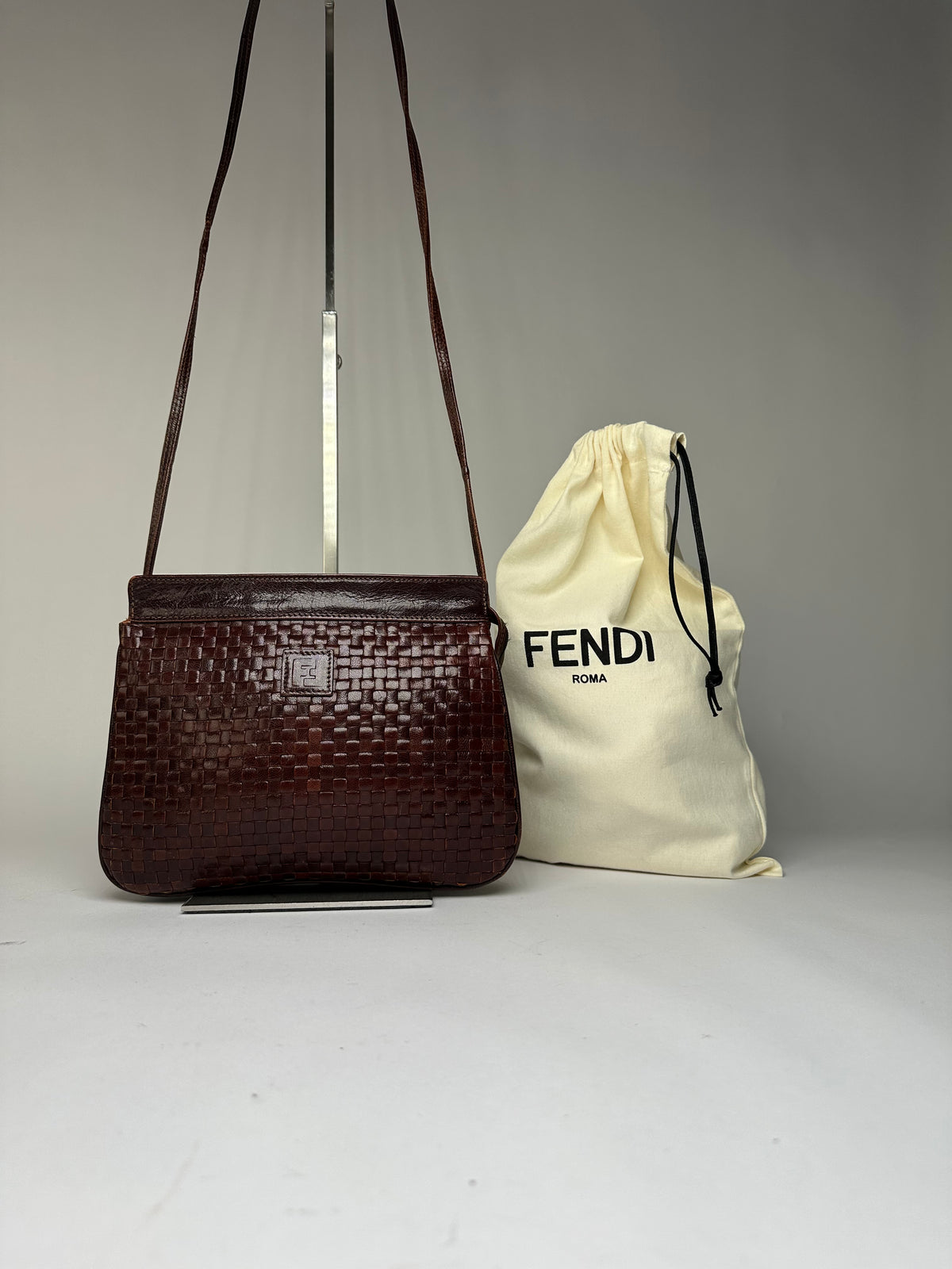 Vintage Fendi Woven Leather Flap Crossbody Bag Late 1990s Dark Brown