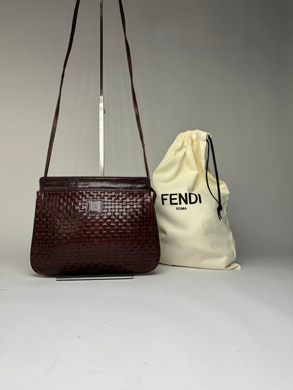 Vintage Fendi Woven Leather Flap Crossbody Bag Late 1990s Dark Brown
