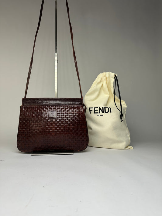 Vintage Fendi Woven Leather Flap Crossbody Bag Late 1990s Dark Brown