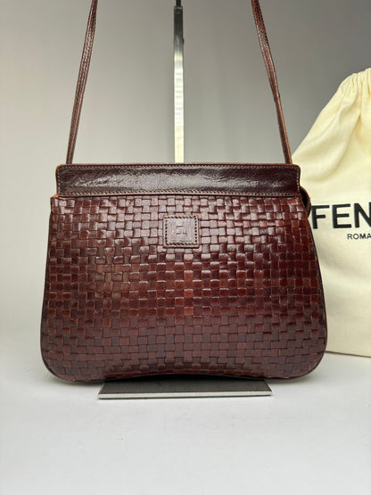 Vintage Fendi Woven Leather Flap Crossbody Bag Late 1990s Dark Brown