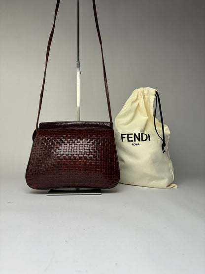 Vintage Fendi Woven Leather Flap Crossbody Bag Late 1990s Dark Brown