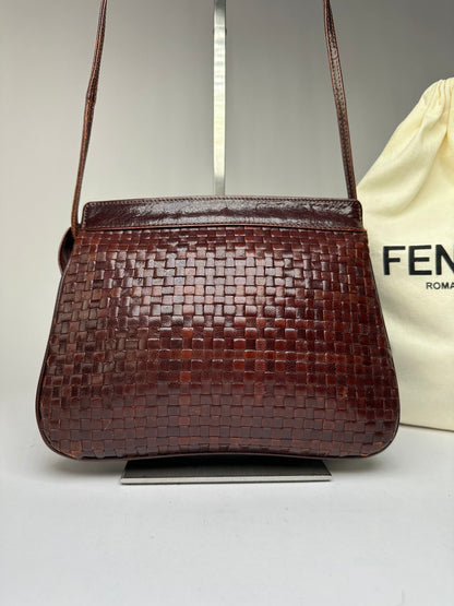 Vintage Fendi Woven Leather Flap Crossbody Bag Late 1990s Dark Brown