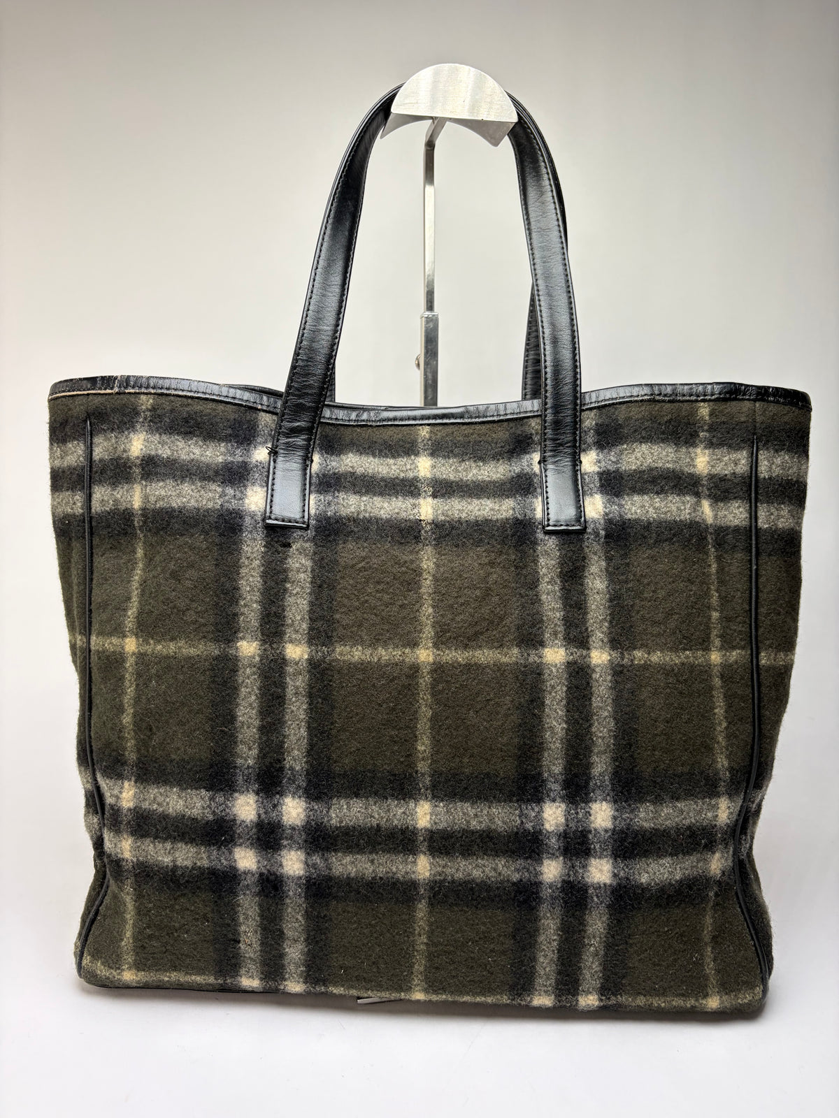 Vintage Burberry Plaid Wool Tote Dark Green Black Cream