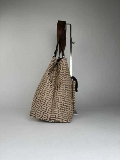 Balenciaga Beige Canvas Leather Monogram Tote Bag