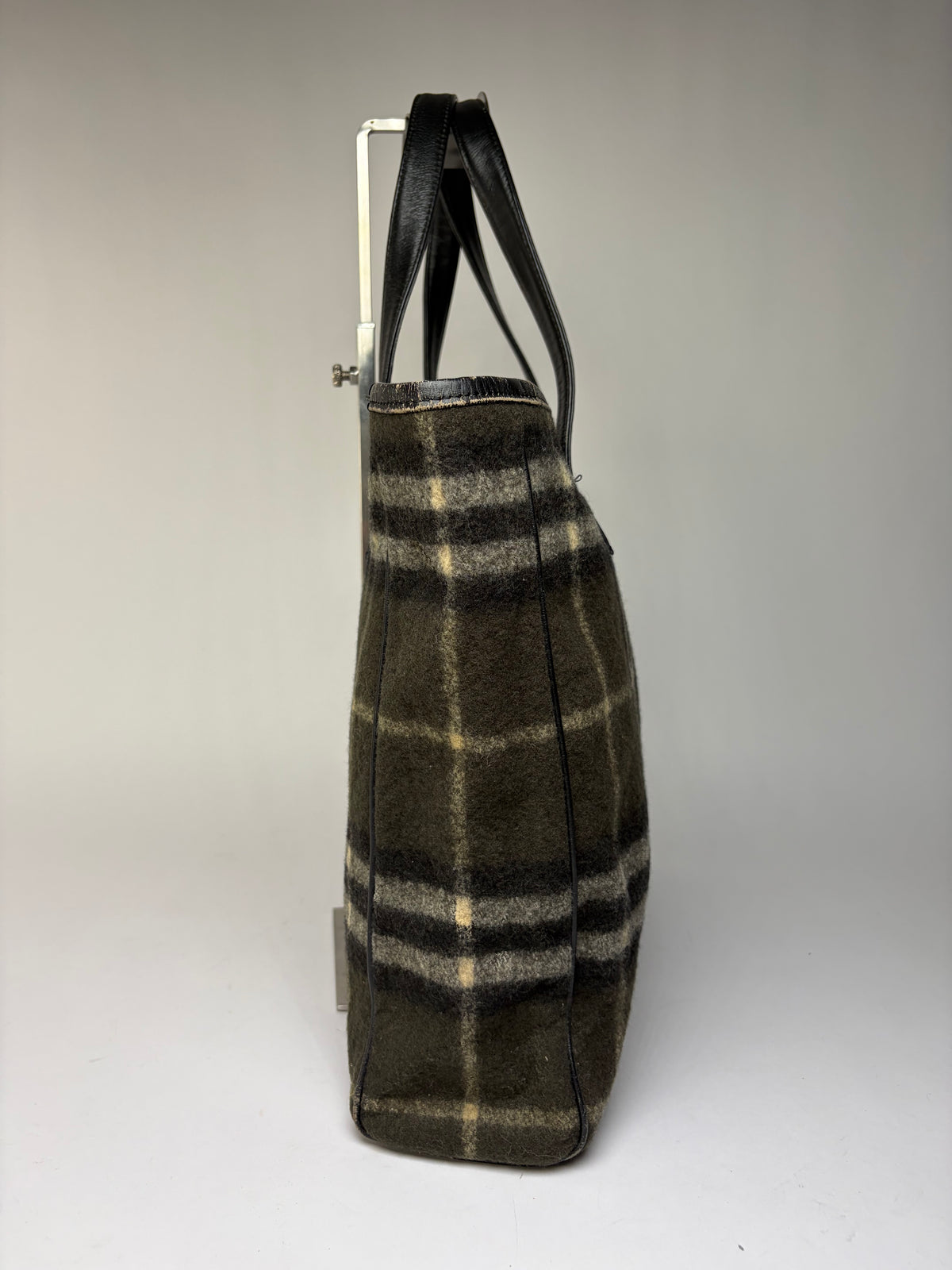 Vintage Burberry Plaid Wool Tote Dark Green Black Cream