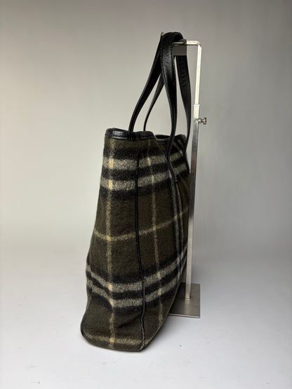 Vintage Burberry Plaid Wool Tote Dark Green Black Cream
